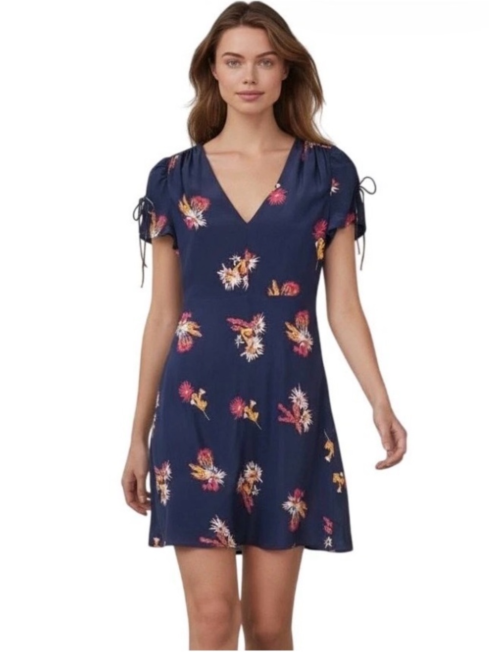 Madewell Navy Silk Poppy Floral V‑Neck Midi Dress